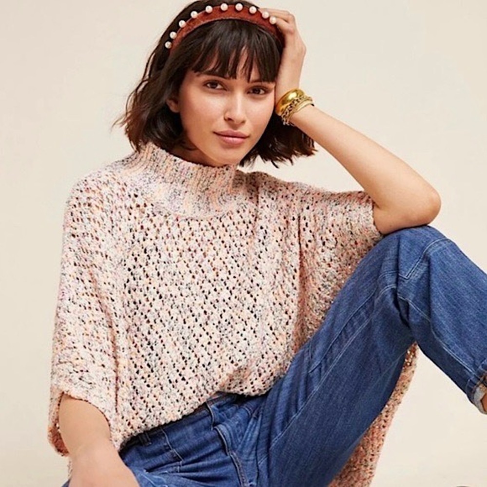 ANTHRO AKEMI + KIN Boho Chunky Confetti Knit Mockneck Poncho Oversized Sweater